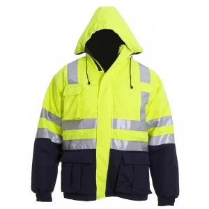 Casaca de Seguridad Bicolor Amarillo y Azul con Cintas Reflectivas y Capucha