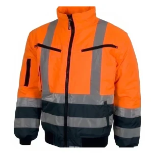 Casaca de Seguridad Estilo Bomber Bicolor Naranja y Azul Marino con Cintas Reflectivas y Multibolsillos